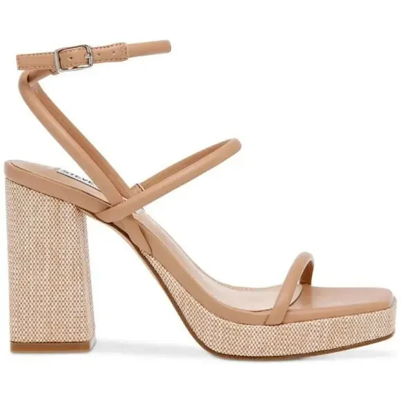 Steve Madden Pennie Tan Brown Faux Leather Strappy Block Heels Sandals size 9.5 - Picture 3 of 12